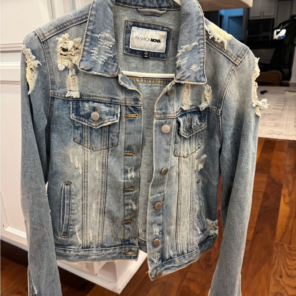 Fashion Nova Light Blue Distressed Denim Jacket